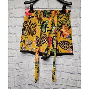 CHANCES R BLACK FRINGE VACAY TROPICAL GUAZY CREPE SASH BELT  PLEAT FLORAL SHORTS